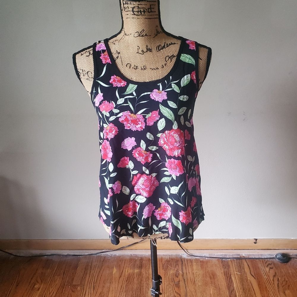 Kensie Mixed Media Tank Top Black Pink Floral Sheer Mesh Pleated Back Womens S